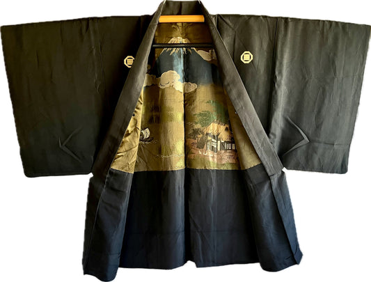 Antique Japanese Haori Black Silk Montsuki with Fuji San and Kayabuki