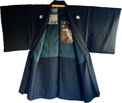 Men's Antique Japanese Haori Jacket Black Silk Mokkou Montsuki Dragon VS Tiger