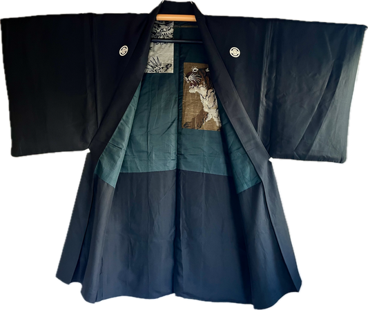 Men's Antique Japanese Haori Jacket Black Silk Mokkou Montsuki Dragon VS Tiger