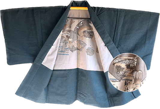 Antique Japanese Haori for men  Blue Indigo Tsumugi Silk “Sado Ceremony”