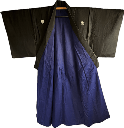 Men's Antique Japanese Kimono Black Habutae Silk Umebachi Montsuki