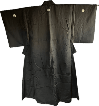 Men's Antique Japanese Kimono Black Habutae Silk Umebachi Montsuki