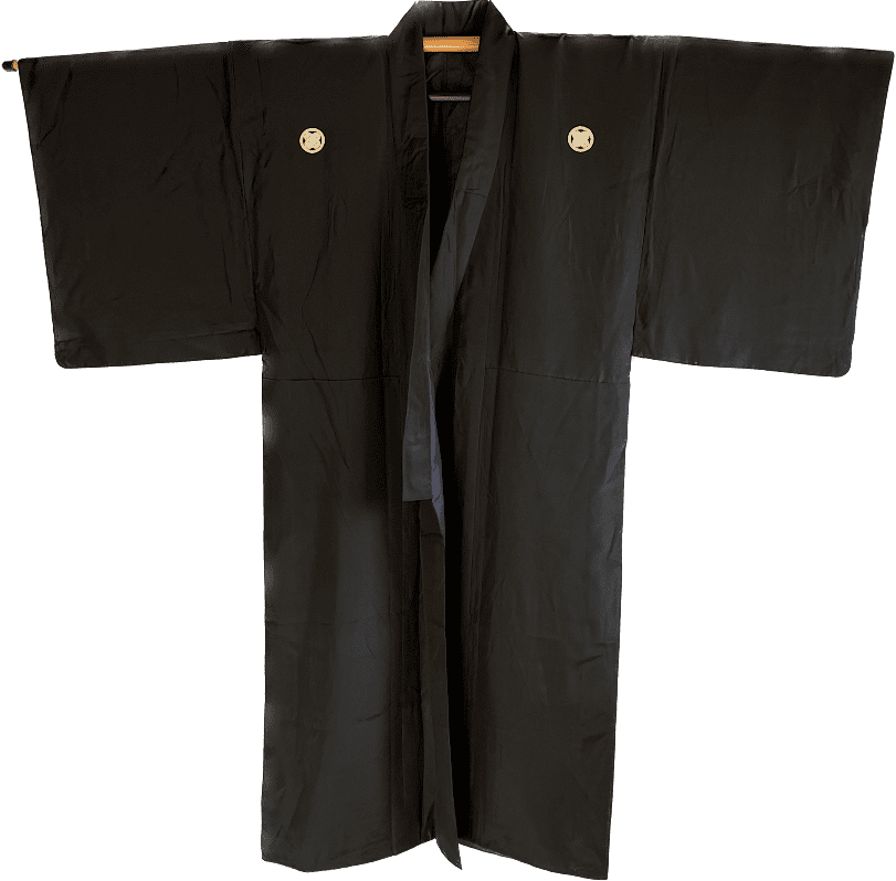 Antique Japanese Montsuki Kimono for Men Black Silk TakanoHane Crest 004