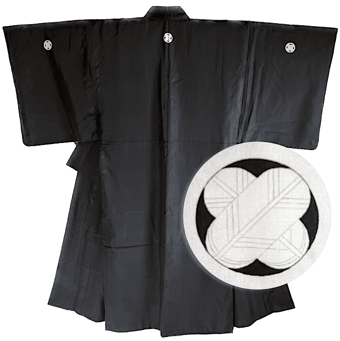 Antique Japanese Montsuki Kimono for Men Black Silk TakanoHane Crest 004