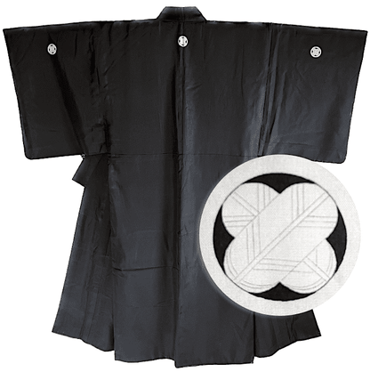 Antique Japanese Montsuki Kimono for Men Black Silk TakanoHane Crest 004