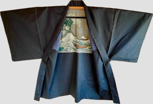 Antique Japanese Silk Haori – Hokusai “Great Wave off Kanagawa” Lining – Made in Japan
