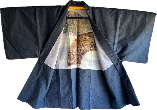 Antique Men’s Haori – Wild Blue Silk Duel of Dragons Made in Japan