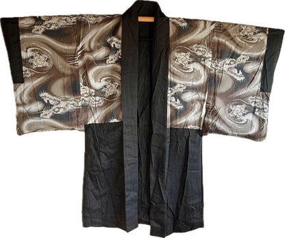 Antique Brown Silk Haori for Men “Divine Dragon” Lining – Made in Japan