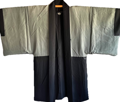 Antique Japanese Haori Black Silk Montsuki with Mitsukashiwa Crests and Hunting Scene