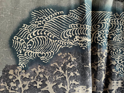 Antique Japanese Haori Black Silk Montsuki with Mitsukashiwa Crests and Hunting Scene