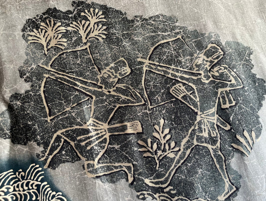 Antique Japanese Haori Black Silk Montsuki with Mitsukashiwa Crests and Hunting Scene