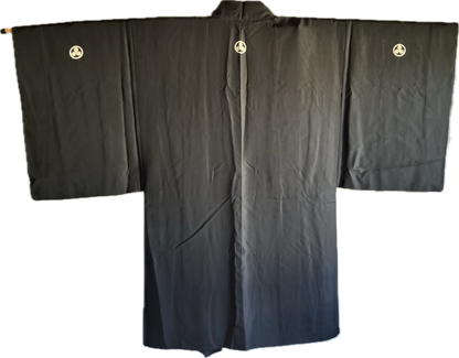 Antique Japanese Haori Black Silk Montsuki with Mitsukashiwa Crests and Hunting Scene