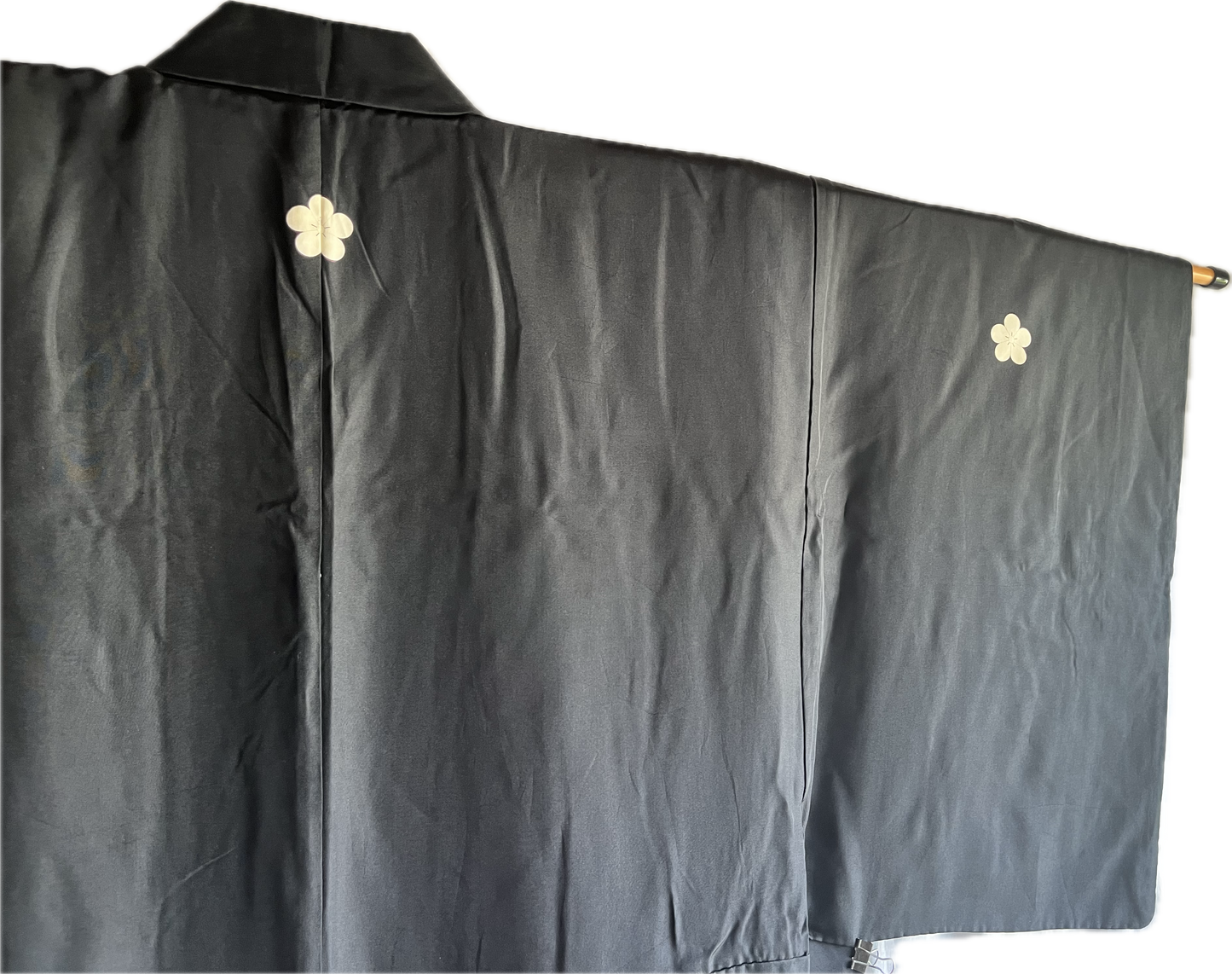 Antique Japanese Formal Kimono Black Habutae Silk with 5 Ume Kamon Crests