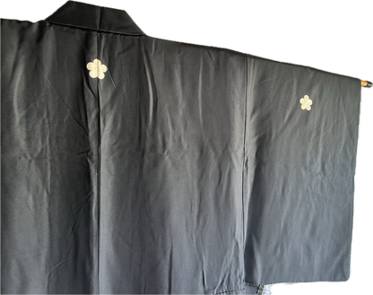 Antique Japanese Formal Kimono Black Habutae Silk with 5 Ume Kamon Crests