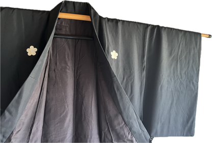 Antique Japanese Formal Kimono Black Habutae Silk with 5 Ume Kamon Crests