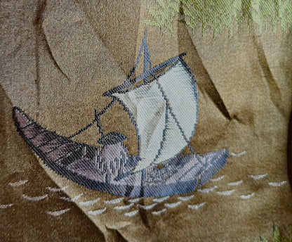 Antique Japanese Haori Black Silk Montsuki with Fuji San and Kayabuki