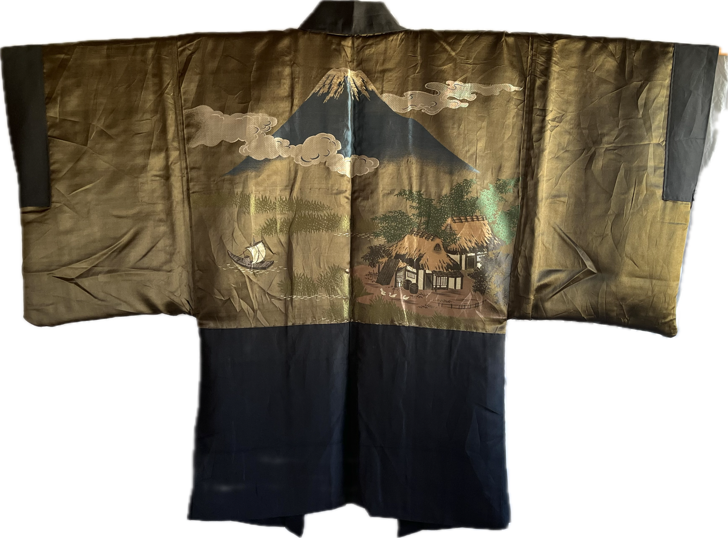 Antique Japanese Haori Black Silk Montsuki with Fuji San and Kayabuki