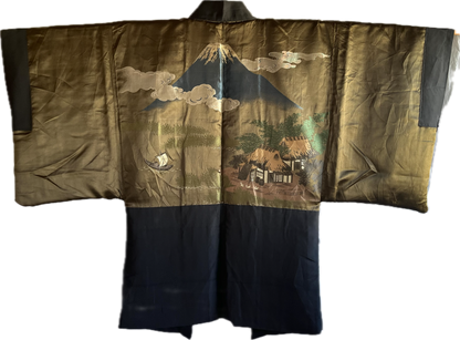 Antique Japanese Haori Black Silk Montsuki with Fuji San and Kayabuki