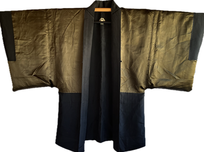 Antique Japanese Haori Black Silk Montsuki with Fuji San and Kayabuki