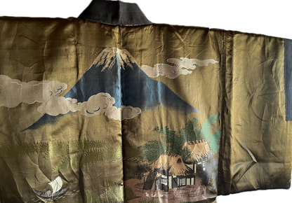Antique Japanese Haori Black Silk Montsuki with Fuji San and Kayabuki