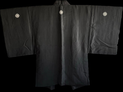 Antique Japanese Haori Black Silk Montsuki with Fuji San and Kayabuki