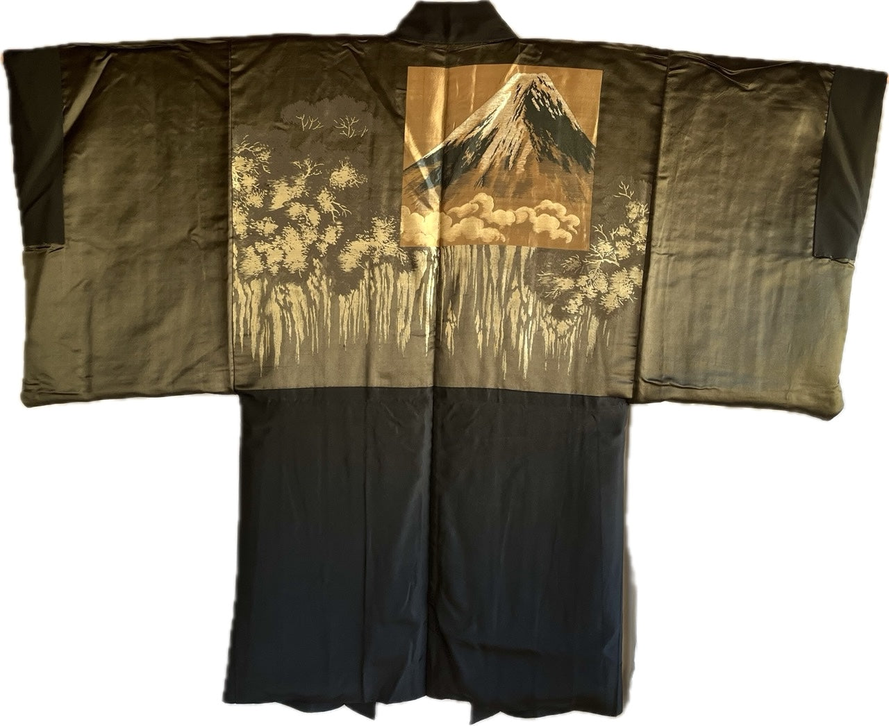 Antique Japanese Haori Men’s Black Silk Sagarifuji Montsuki - Fuji Waterfall