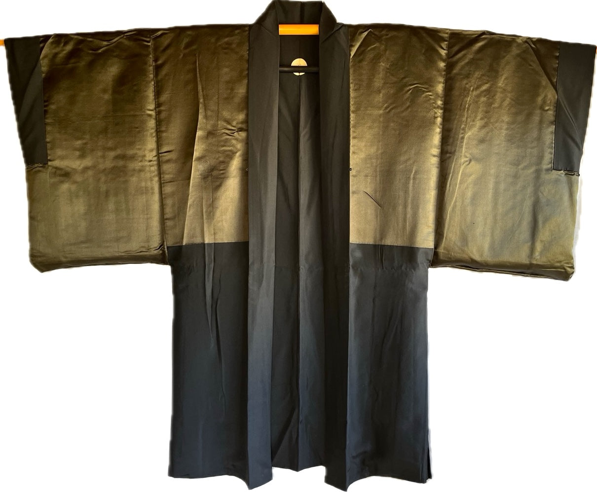 Antique Japanese Haori Men’s Black Silk Sagarifuji Montsuki - Fuji Waterfall