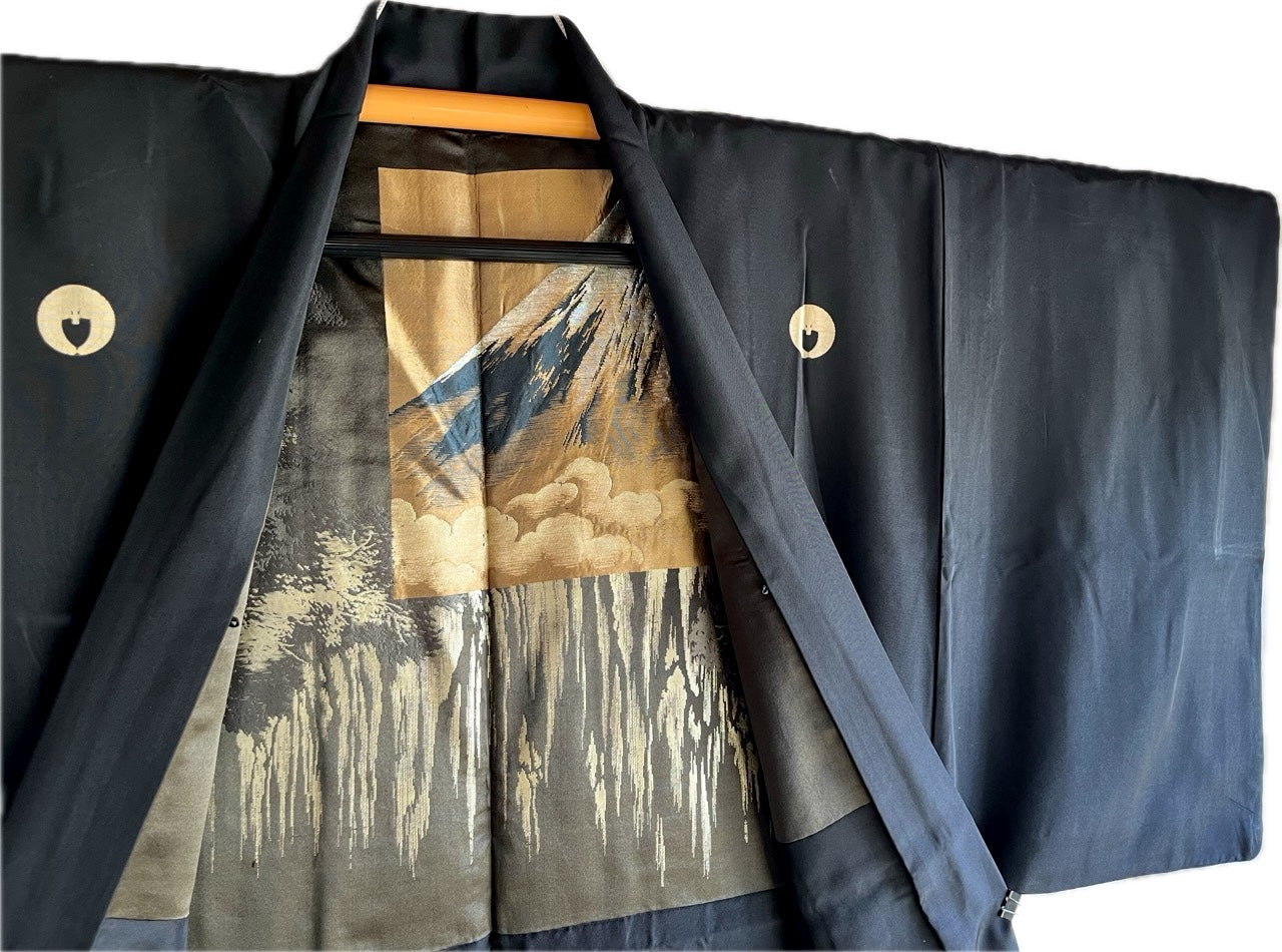 Antique Japanese Haori Men’s Black Silk Sagarifuji Montsuki - Fuji Waterfall