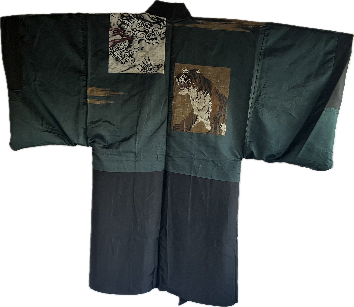Men's Antique Japanese Haori Jacket Black Silk Mokkou Montsuki Dragon VS Tiger