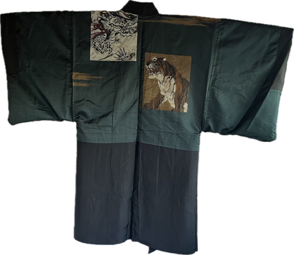 Men's Antique Japanese Haori Jacket Black Silk Mokkou Montsuki Dragon VS Tiger