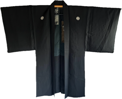Men's Antique Japanese Haori Jacket Black Silk Mokkou Montsuki Dragon VS Tiger