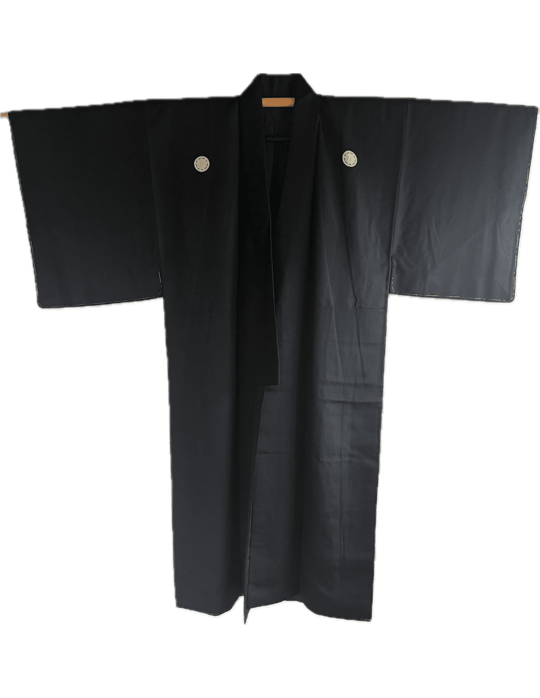 Antique Japanese Montsuki Kimono for Men Black Habutae Silk Kenkatabami Crest 003