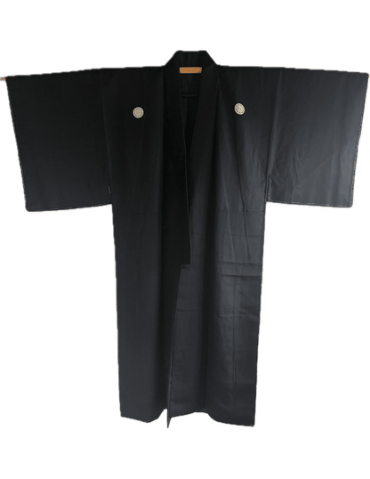 Antique Japanese Montsuki Kimono for Men Black Habutae Silk Kenkatabami Crest 003