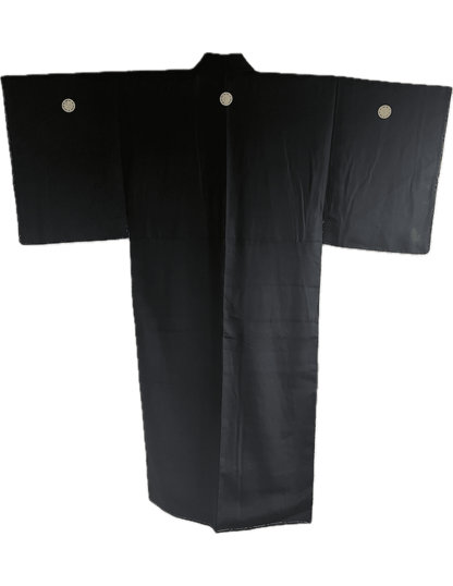 Antique Japanese Montsuki Kimono for Men Black Habutae Silk Kenkatabami Crest 003