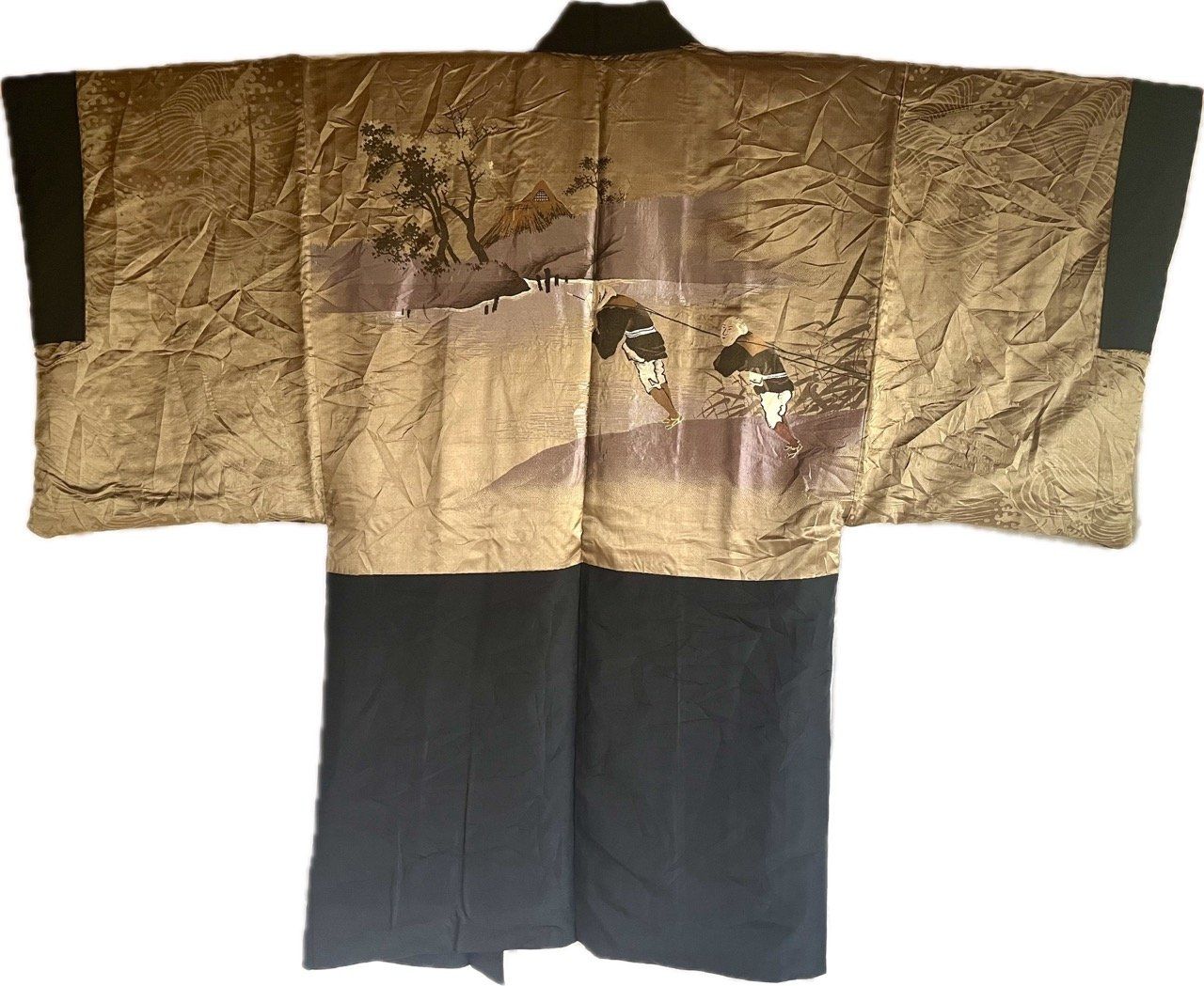 Antique Men’s Haori – Black Silk – TakanoHane Montsuki – Japanese Rural Landscape