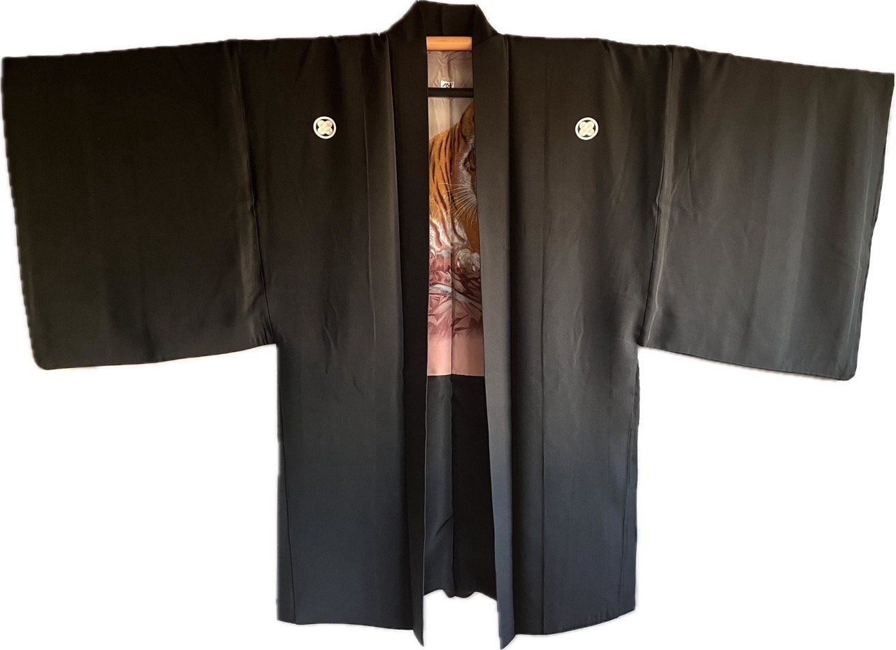 Antique Men’s Haori Black Silk Takanohane Montsuki “Tora” – Majestic Tiger