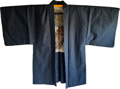 Antique Men’s Haori – Wild Blue Silk Duel of Dragons Made in Japan