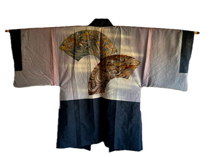 Antique Men’s Haori – Wild Blue Silk Duel of Dragons Made in Japan