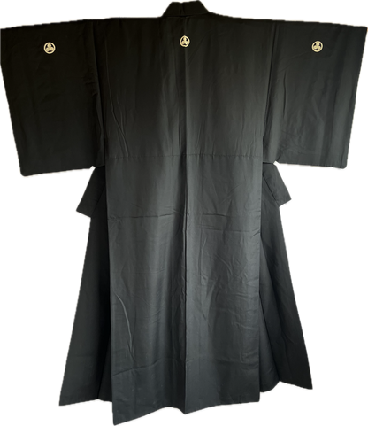 Men's Antique Japanese Kimono Black Silk Mitsu Kashiwa Montsuki 03