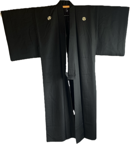Men's Antique Japanese Kimono Black Silk Mitsu Kashiwa Montsuki 03