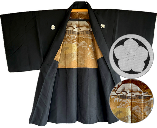 Men’s Antique Haori – Black Silk Kikyo Montsuki Kyomizudera