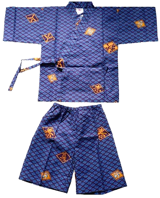 Blue Hishimoji Jinbei for Boys – Diamond Pattern – Made in Japan