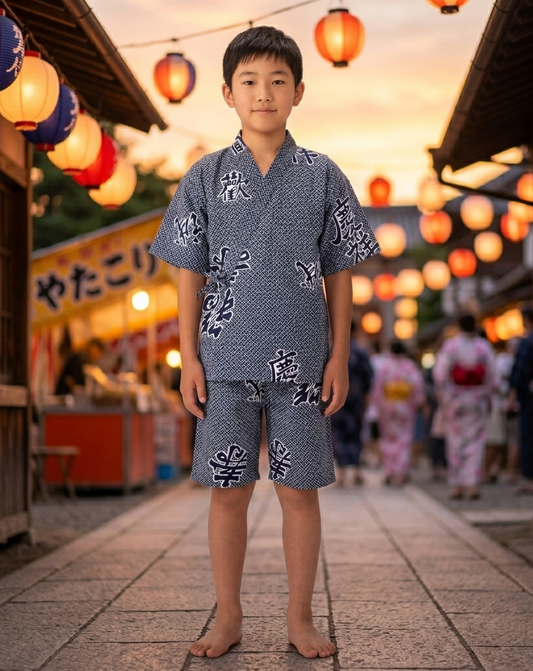 Keisho Jinbei for Boys – Navy White – Made in Japan