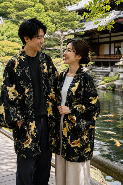Japanese Koi Summer Hanten with Gold Accents – Made in Japan