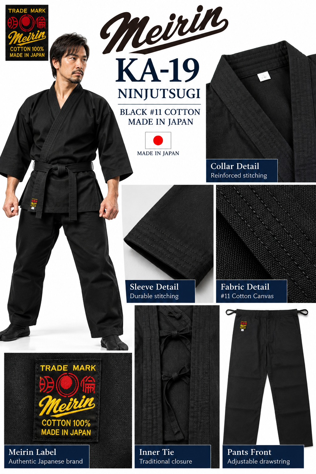 MEIRIN KA-19 Black Ninjutsugi #11 Cotton Made in Japan