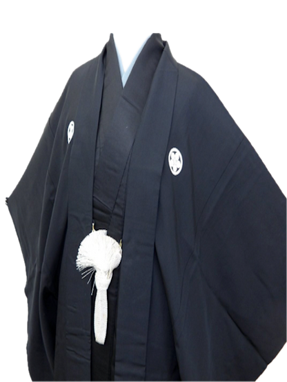 Men's Kimono and Haori Set Black Habutae Silk with 5 Kamon “Maru ni Umebachi”