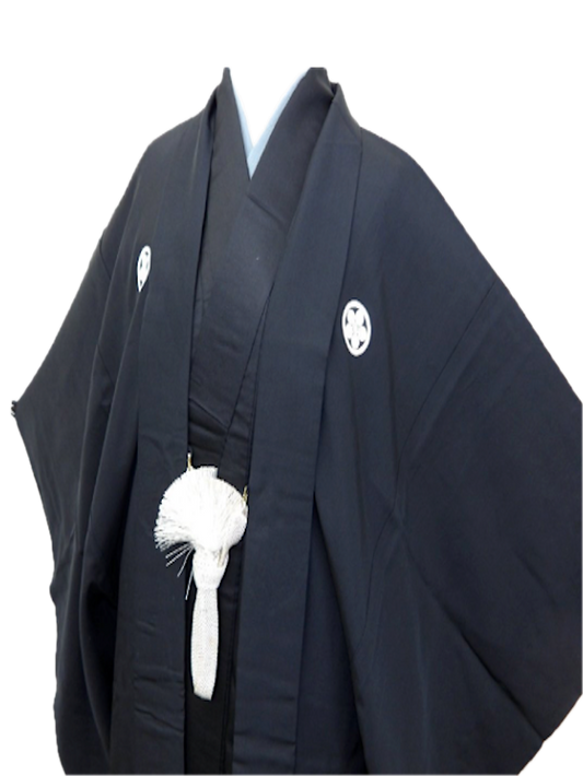Men's Kimono and Haori Set Black Habutae Silk with 5 Kamon “Maru ni Umebachi”