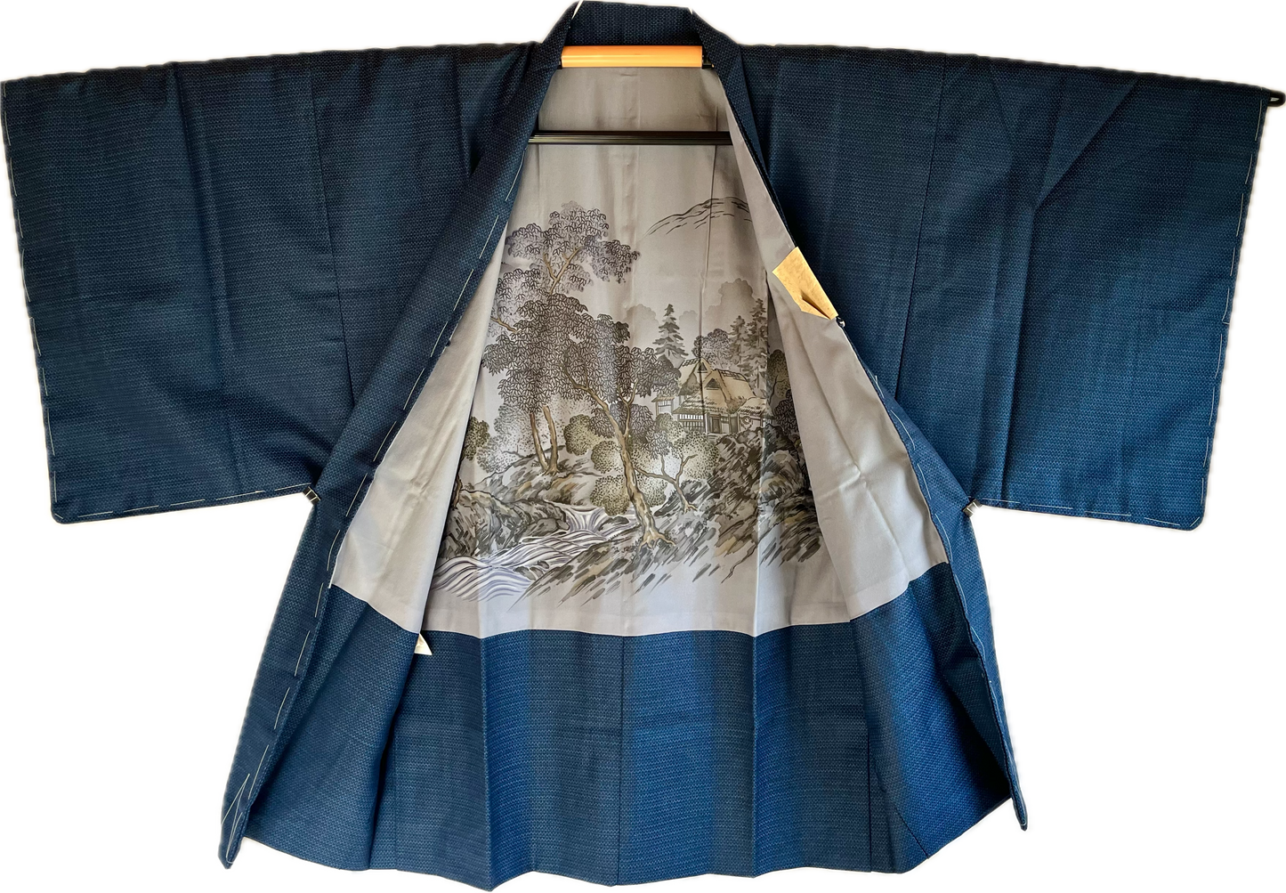 Men's Japanese Haori Blue Silk Thatched Roof House
