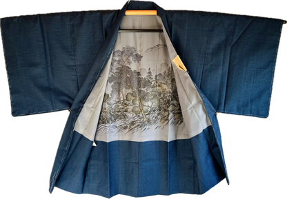 Men's Japanese Haori Blue Silk Thatched Roof House