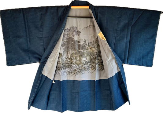 Men's Japanese Haori Blue Silk Thatched Roof House